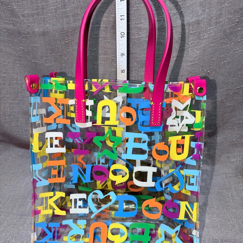 Dooney & Bourke Clear Multicolor Letter Print Tote with Pink Handles